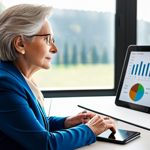 Home 8 A professional senior woman investor, approximately 60 years old, with a confident and focused expression, sitting at a modern desk. She is looking at a tablet displaying financial charts and digital investment platforms. She wears a modest, elegant business suit. The background is a clean, contemporary home office with large windows, suggesting a bright future. Soft, natural lighting. Perfect anatomy, correct proportions, natural pose, well-formed hands, proper finger count, natural body proportions. Fully clothed, appropriate attire, professional dress, safe for work, appropriate content, family-friendly, high-quality professional photography.