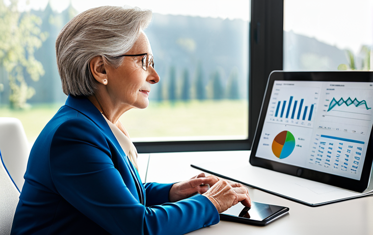 A professional senior woman investor, approximately 60 years old, with a confident and focused expression, sitting at a modern desk. She is looking at a tablet displaying financial charts and digital investment platforms. She wears a modest, elegant business suit. The background is a clean, contemporary home office with large windows, suggesting a bright future. Soft, natural lighting. Perfect anatomy, correct proportions, natural pose, well-formed hands, proper finger count, natural body proportions. Fully clothed, appropriate attire, professional dress, safe for work, appropriate content, family-friendly, high-quality professional photography.