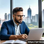 Home 20 30대의 위험 분산 전략 - A modern Brazilian investor sitting at a sleek home office desk, analyzing a diversified investment ...