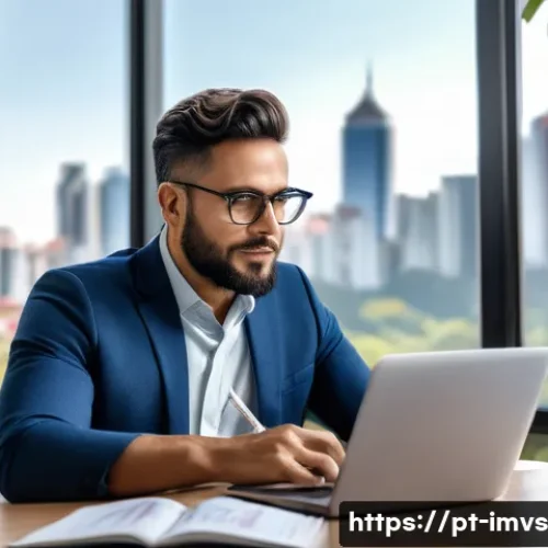Home 32 30대의 위험 분산 전략 - A modern Brazilian investor sitting at a sleek home office desk, analyzing a diversified investment ...