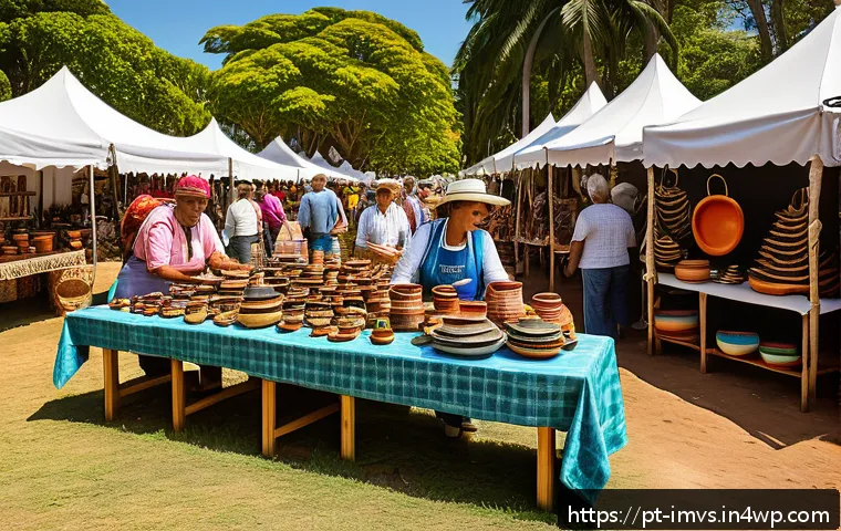 50대의 은퇴 후 소득원 다각화 전략 - A vibrant outdoor craft fair scene in a Brazilian city park, featuring a diverse group of mature art...