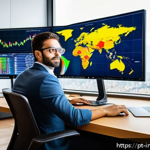 Home 17 30대의 해외 주식 투자 기초 - A modern Brazilian investor sitting at a sleek home office desk, multiple computer screens displayin...