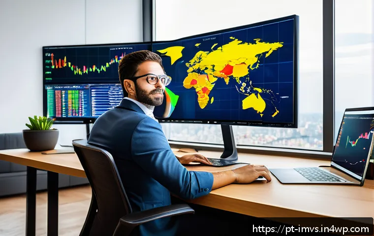 30대의 해외 주식 투자 기초 - A modern Brazilian investor sitting at a sleek home office desk, multiple computer screens displayin...